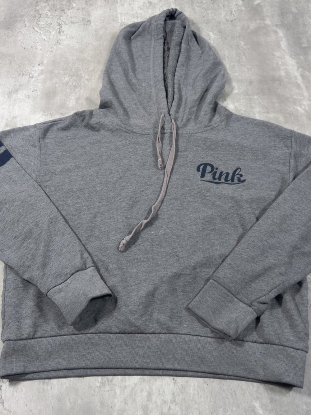 PINK Victoria's Secret Cropped Hoodie Script Logo Gray Navy Stripe M Pullover